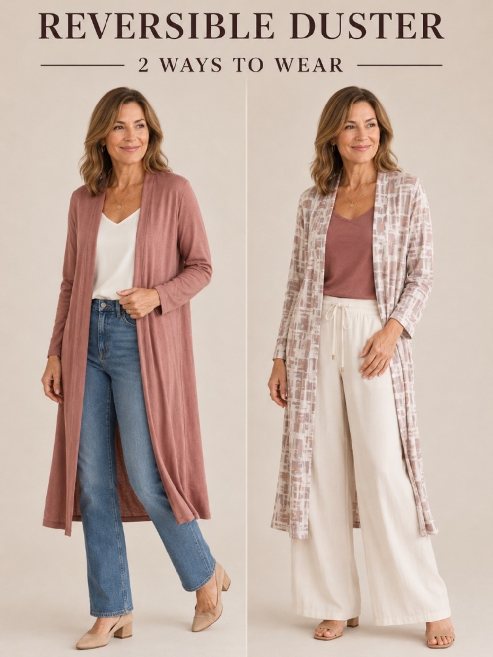 MarlaWynne Reversible Light Mauve Patterned to Mocha Open Duster Cardigan SzS